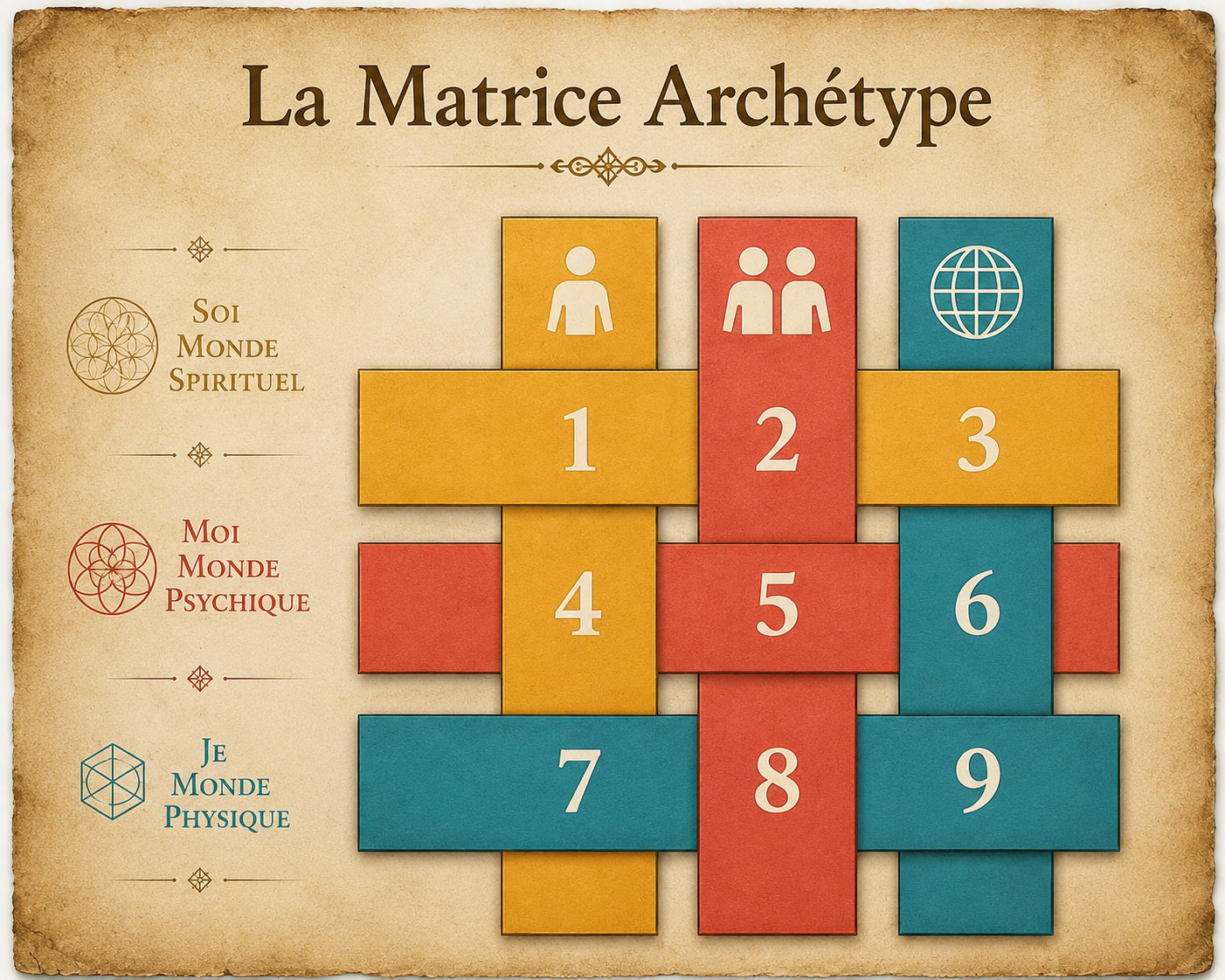 La matrice archétype des neuf nombres, du 1 au 9 ordonnés en trois mondes