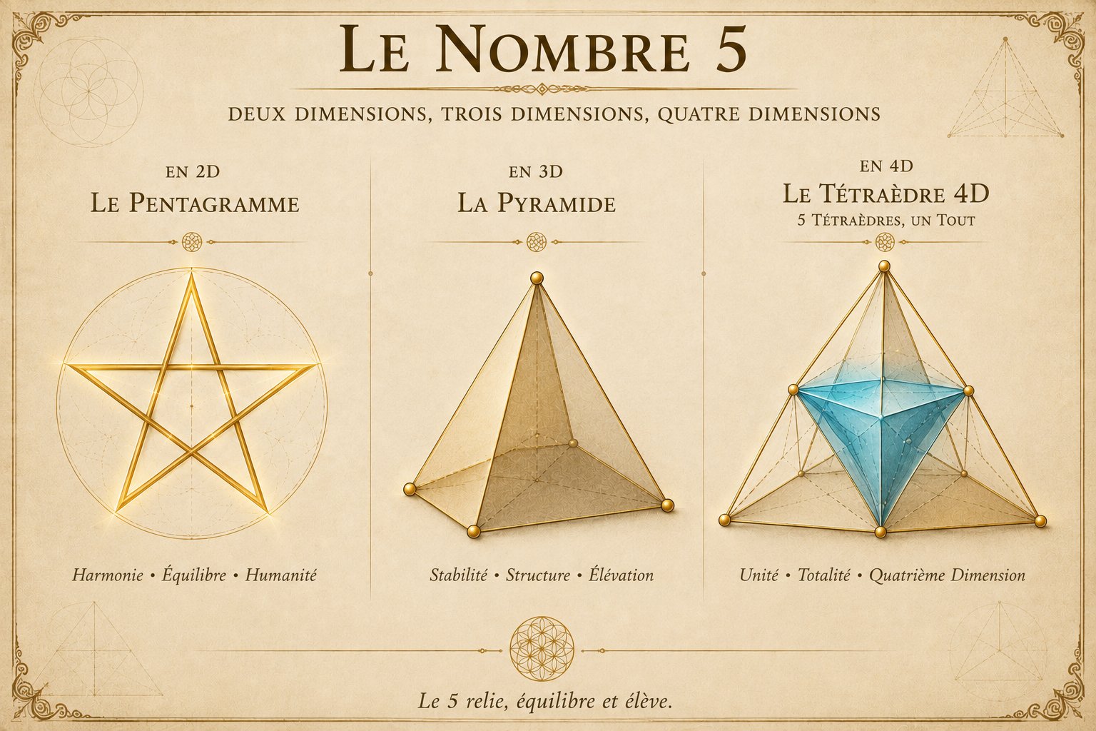 Le nombre 5 en deux, trois et quatre dimensions : pentagramme, pyramide et tétraèdre 4D