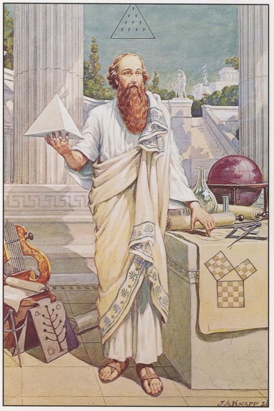 le Pythagore initié, maître des quatre sciences du quadrivium : Arithmétique (nombre),Géométrie (formes), Musique (harmonie), Astronomie (cosmos).