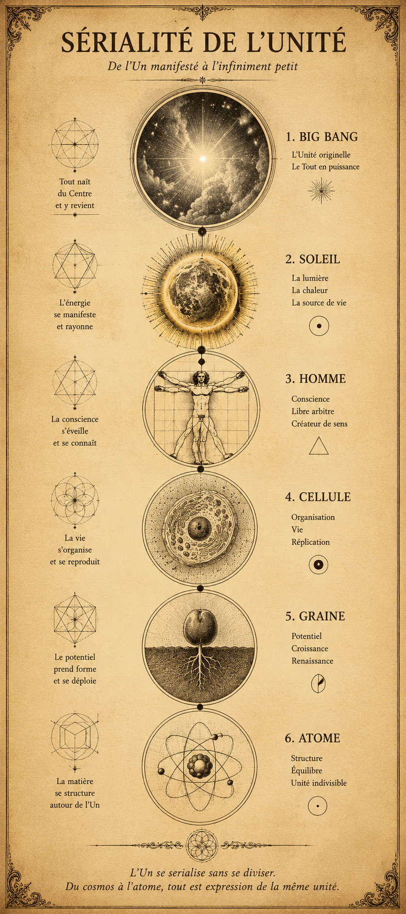 Sérialité de l'Unité — de l'Un manifesté à l'infiniment petit : Big Bang, Soleil, Homme, Cellule, Graine, Atome