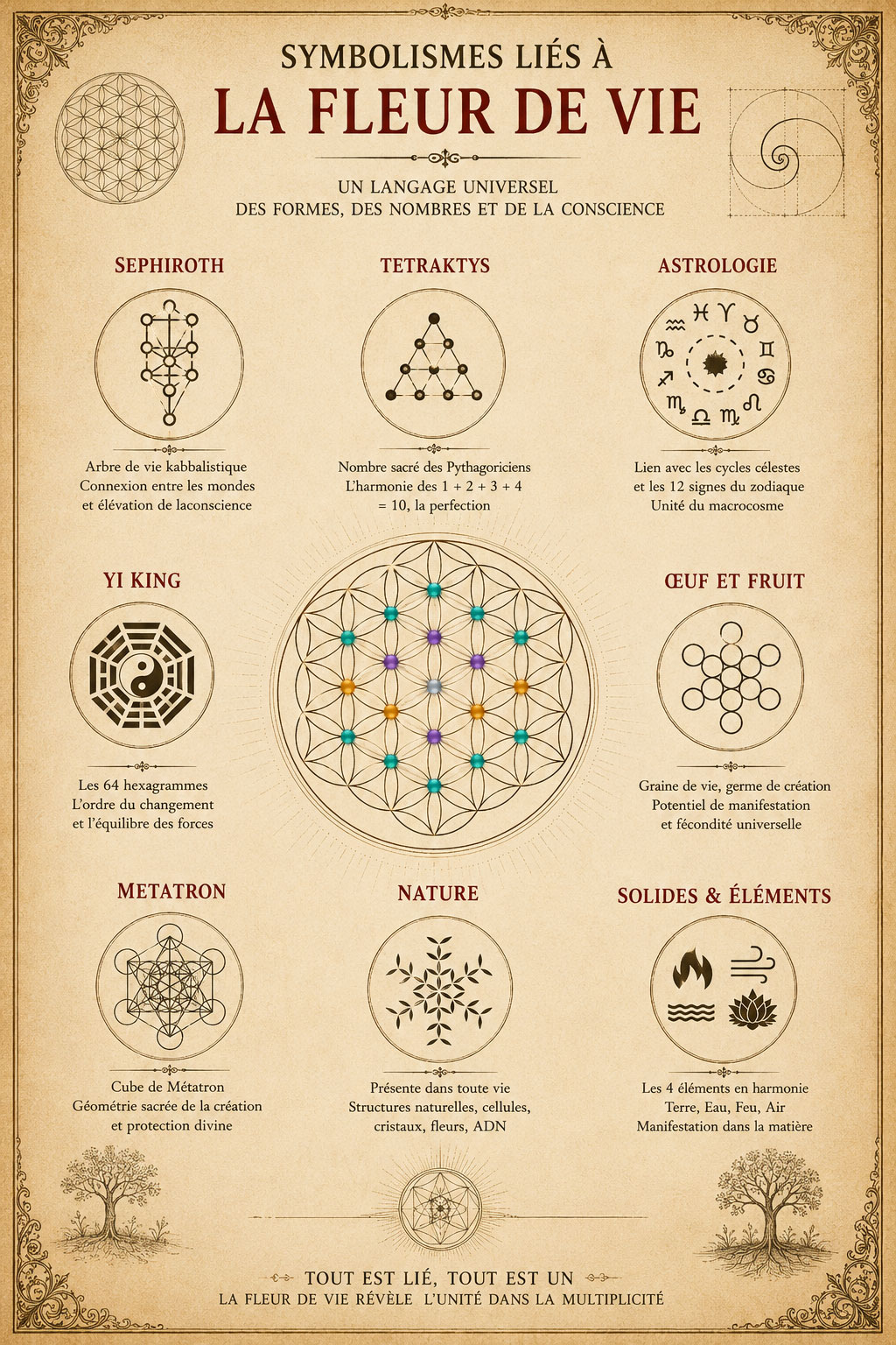 Les grands systèmes symboliques construits sur la grille de la Fleur de Vie — Tétraktys, Yi King, Arbre de Vie, Magie, Astrologie