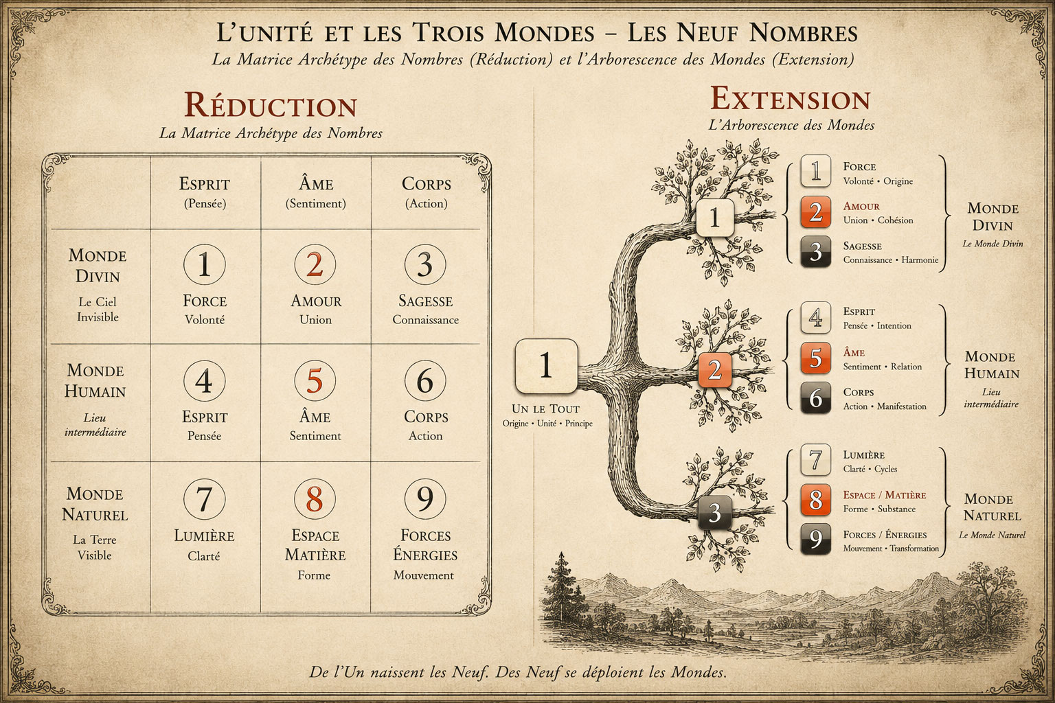 De la matrice à l'arbre — les neuf nombres et les Trois Mondes